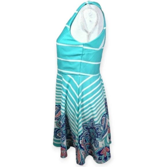 AS U WISH TURQUOISE & WHITE STRIPE & FLORAL DRESS SZ.L EUC. - Picture 4 of 8